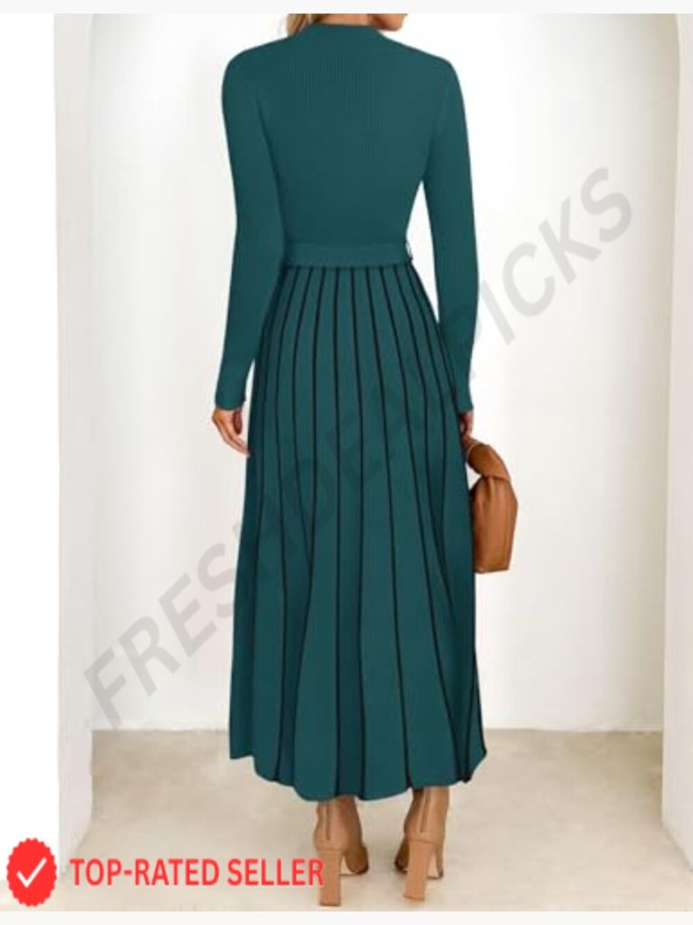Turtleneck Long Sleeve Sweater Dress Tie Waist Casual Loose Ribbed Knit A Line - Picture 4 of 7